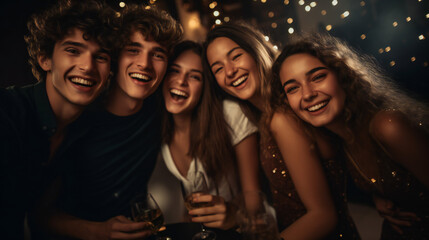 Young and beautiful group of friends holding sparkles and  enjoying at New Year's party