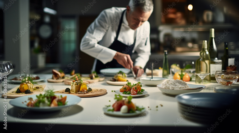 Wall mural gourmet dish being prepared in a high-end restaurant kitchen by chef