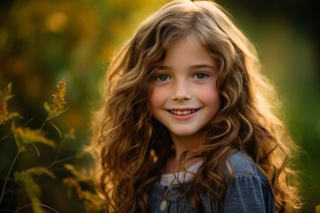 Portrait of a beautiful little girl with long curly hair at sunset