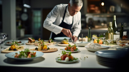 Obraz na płótnie Canvas gourmet dish being prepared in a high-end restaurant kitchen by chef