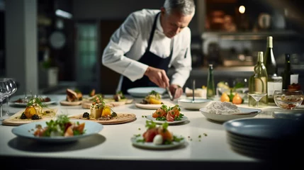 Fotobehang gourmet dish being prepared in a high-end restaurant kitchen by chef © Bogdan