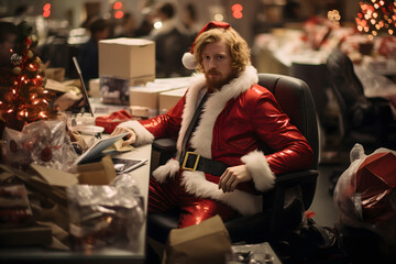 christmas tree decorations, santa claus with gifts, snowman in the snow, christmas gift boxes	