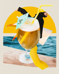 Poster. Contemporary art collage. Modern creative artwork. Hands reaches to cold foamy beer over...