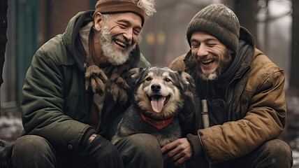 Two homeless people with their dog in the street and smiling