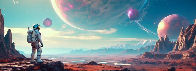 Astronaut looks at the new world. Retro futuristic illustration in 80s style. Unexplored new world. Fantastic landscape. Breathtaking panorama of an alien planet. Exploration of the unknown.