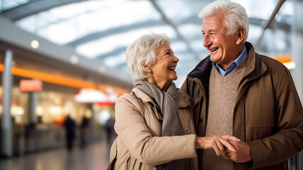 Two old men at the airport smiling and looking at each faces