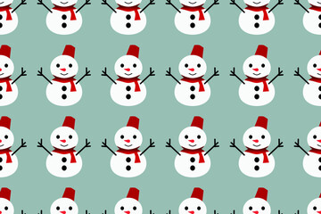 Simple Christmas snowman seamless pattern on green background. Vector illustration.