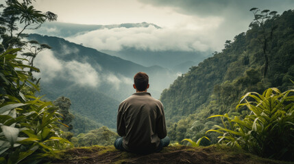 Man in Contemplation: Overlooking Rainforest-Covered Hills Amidst Low Clouds