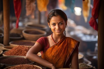 Indian young beautiful woman homemaker the spices market looking at the camera