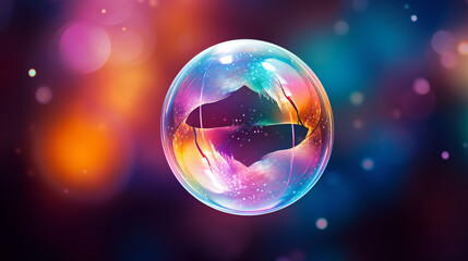 Iridescent soap bubble on multicolored background. Generation AI