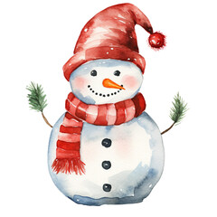 Snowman wearing Santa claus's hat and red scarf