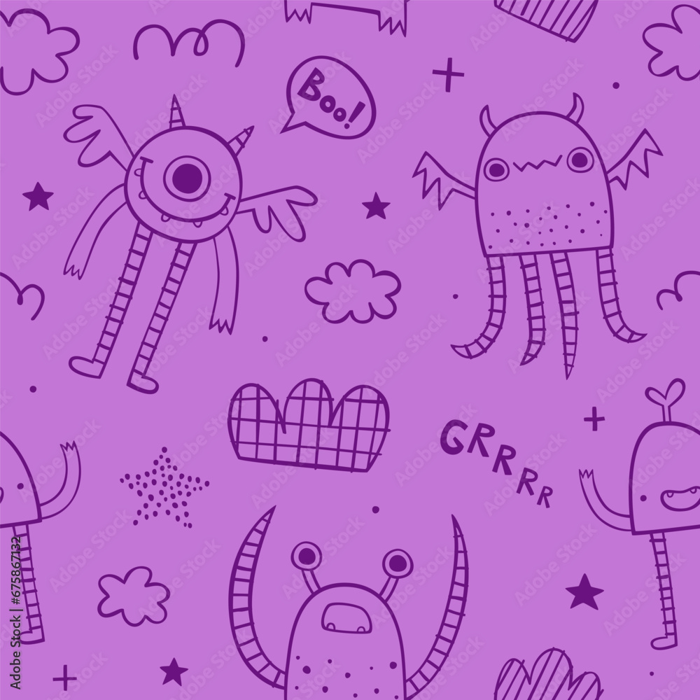 Wall mural seamless doodle pattern with sketch monsters for baby. scribble vector print with naive outline mons