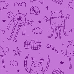 Seamless doodle pattern with sketch monsters for baby. Scribble vector print with naive outline monsters.