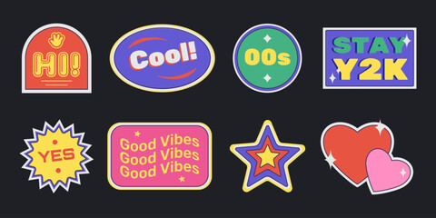 Retro sticker pack in Y2K aesthetic, group of graphic design elements, labels, badges with heart and stars symbols. Vector illustration.