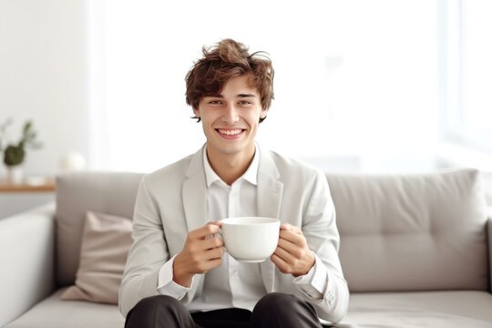 Close up of a young men holding coffee cup in the morning sitting on sofa white background.