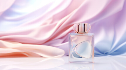 Product mockup for bottle of perfume on flowing abstract delicate cloth background. Cosmetic mockup background in pastel color