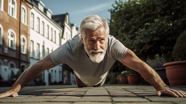Senior european man doing push-ups outdoors