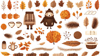 Vector set of fall elements. Autumn season. Leaves, acorns, sweater, scarf, pumpkins, boots, hedgehog, pie, rainbow, inscription. Collection of fall elements for scrapbooking