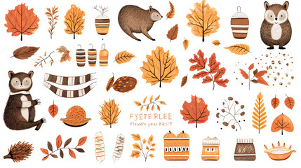 Vector set of fall elements. Autumn season. Leaves, acorns, sweater, scarf, pumpkins, boots, hedgehog, pie, rainbow, inscription. Collection of fall elements for scrapbooking