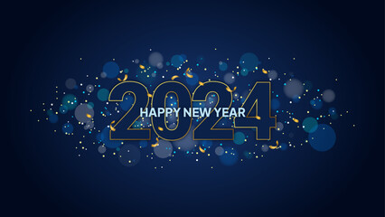 Happy new year 2024 typography shining gold line with sparkle light flare blue background gradation
