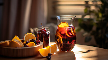 Winter orange and berry sangria with sliced oranges and blueberries. day light through window. 