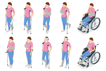 Fototapeta na wymiar Isometric woman with injury, medical treatment and fixation of broken bones, with bandage and plaster. The womale character on a wheelchair. Rehabilitation, Healthcare, Medicine Health insurance cover