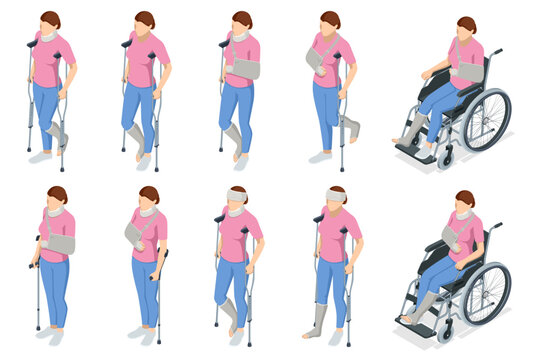 Isometric woman with injury, medical treatment and fixation of broken bones, with bandage and plaster. The womale character on a wheelchair. Rehabilitation, Healthcare, Medicine Health insurance cover