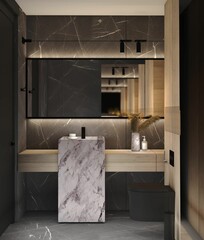 Marble vanity basin sits in a modern bathroom interior, accented by a large rectangular mirror
