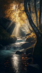 AI generated illustration of a stream flowing through an illuminated fantasy landscape