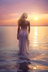 Fototapeta premium Woman in pink dress in ocean waves on sunset