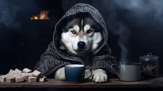 Generative AI image of a copy space banner of a cute Alaskan Malamute wearing a winter hat and a scarf sitting close to a fireplace at a winter night and a cup of hot smoking coffee beside him in fron