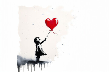 Child holding red heart balloon in the air with dripping paint.