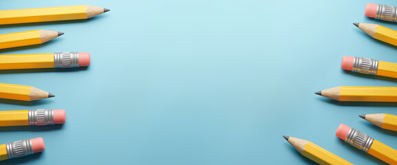 Yellow pencils on a blue background. Template Copy space for text. mockup. 3d render