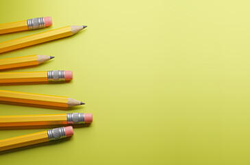 Yellow pencils on a green background. Template Copy space for text. mockup. 3d render
