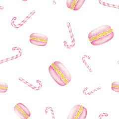 Pink New Year's candy canes, macarons. Watercolor hand drawn seamless pattern with Christmas sweets. Winter symbols for holiday season prints, background, packing paper, textile, fabric
