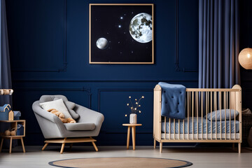 Baby's room with blue wall and white crib. - obrazy, fototapety, plakaty