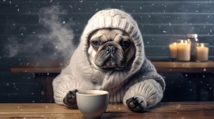 Generative AI image of a cute chubby bulldog wearing a winter hat and a scarf sitting and a cup of hot smoking coffee beside him in front of him - obrazy, fototapety, plakaty