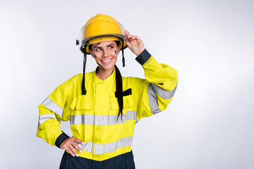 Photo of young attractive woman firefighter happy positive smile hand touch helmet look empty space isolated over white color background