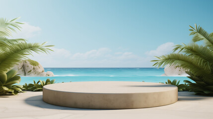 Fototapeta premium Stone podium with summer background of tropical sea and sand. Banner template for promotion. Design product placement display.