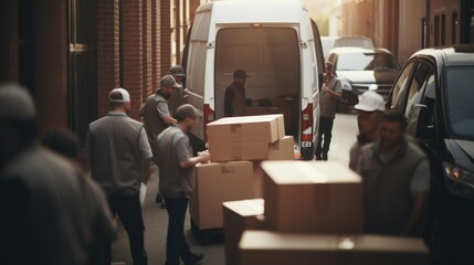 The team, along with cardboard boxes, used vans to transport logistical products outside the warehouse. - obrazy, fototapety, plakaty