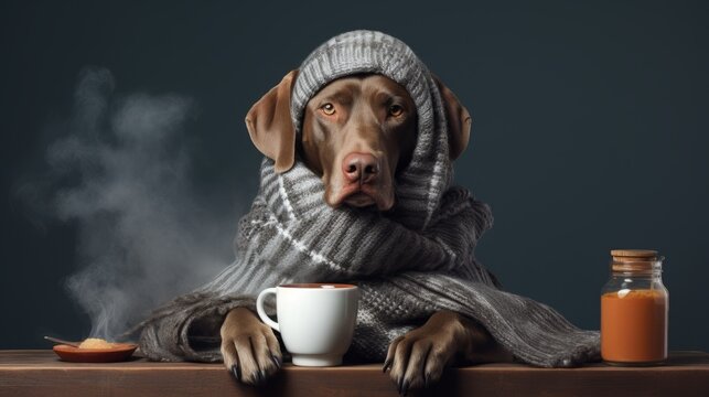 Generative AI image of a cute dog wearing a winter hat and a scarf sitting and a cup of hot smoking coffee beside him in front of him
