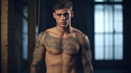 Fototapeta na wymiar A handsome young man with tattoos on his body stands smiling looking at the camera. Freelance designer