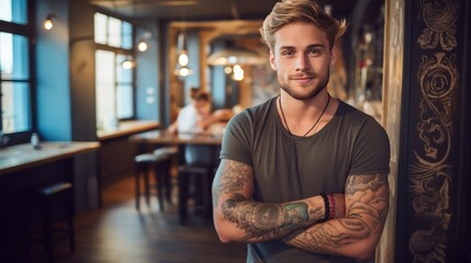 A handsome young man with tattoos on his body stands smiling looking at the camera. Freelance...