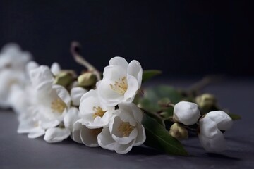 White cherry tree flowers. Twig and flowers of the fruit tree. Dark background.