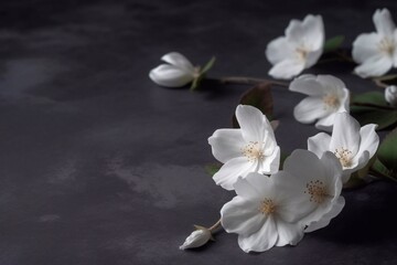 Shoot white flowers in the dark background. White cherry tree flowers. Generative AI