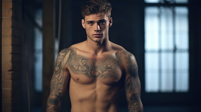 A handsome young man with tattoos on his body stands smiling looking at the camera. Freelance designer