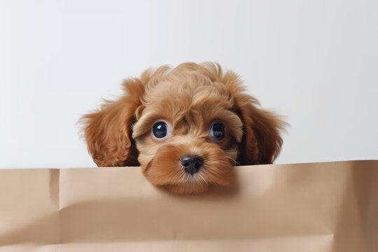 Lovable brown puppy with shopping bag on white background. Adorable gift idea.generative ai