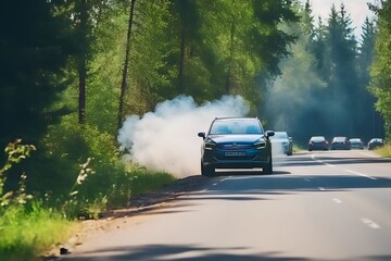 cars on the damaged highway emit smoke