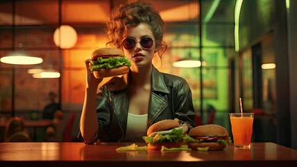 Tuinposter Woman about to eat a hamburger with a beer in a restaurant © Pedro Llinas