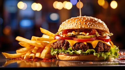 hamburger with cheese, tomato, lettuce and pickle and french fries
